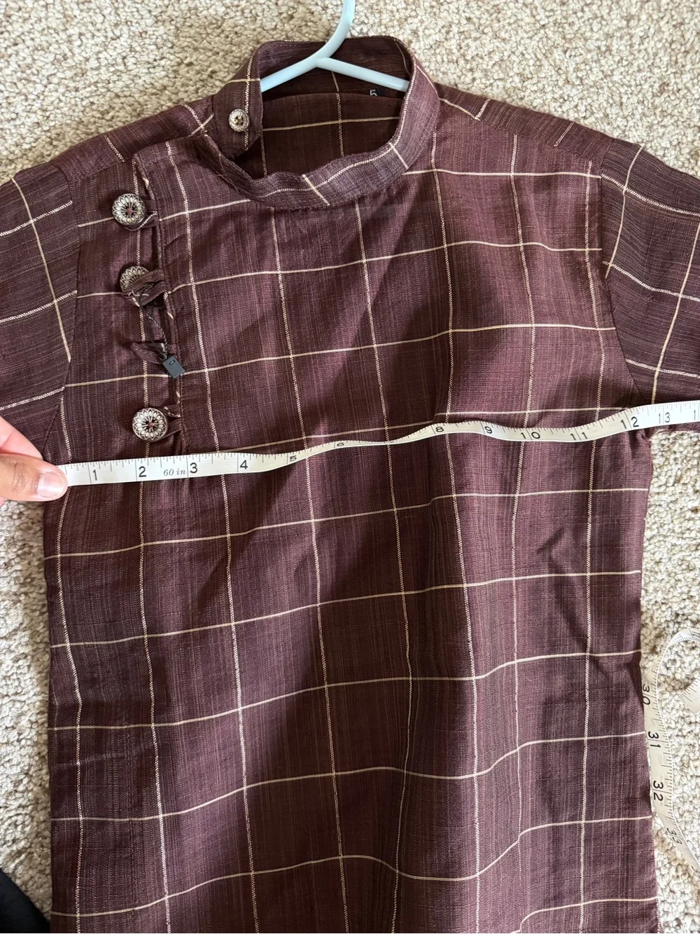Boys Brown Checked Kurta Tunic Top with Asymmetric Button Detail